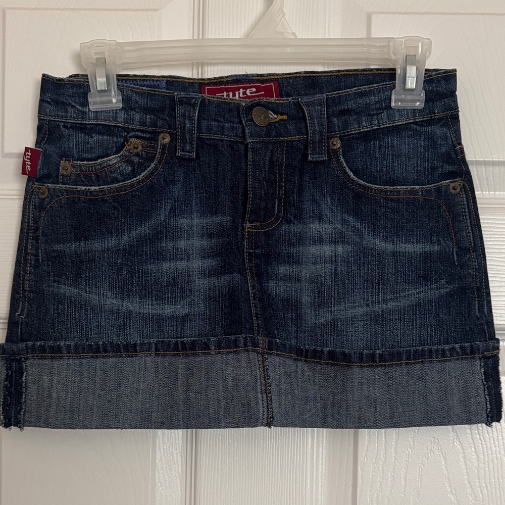 Cute Dark Wash Denim Mini Skirt with Cuffed Hem